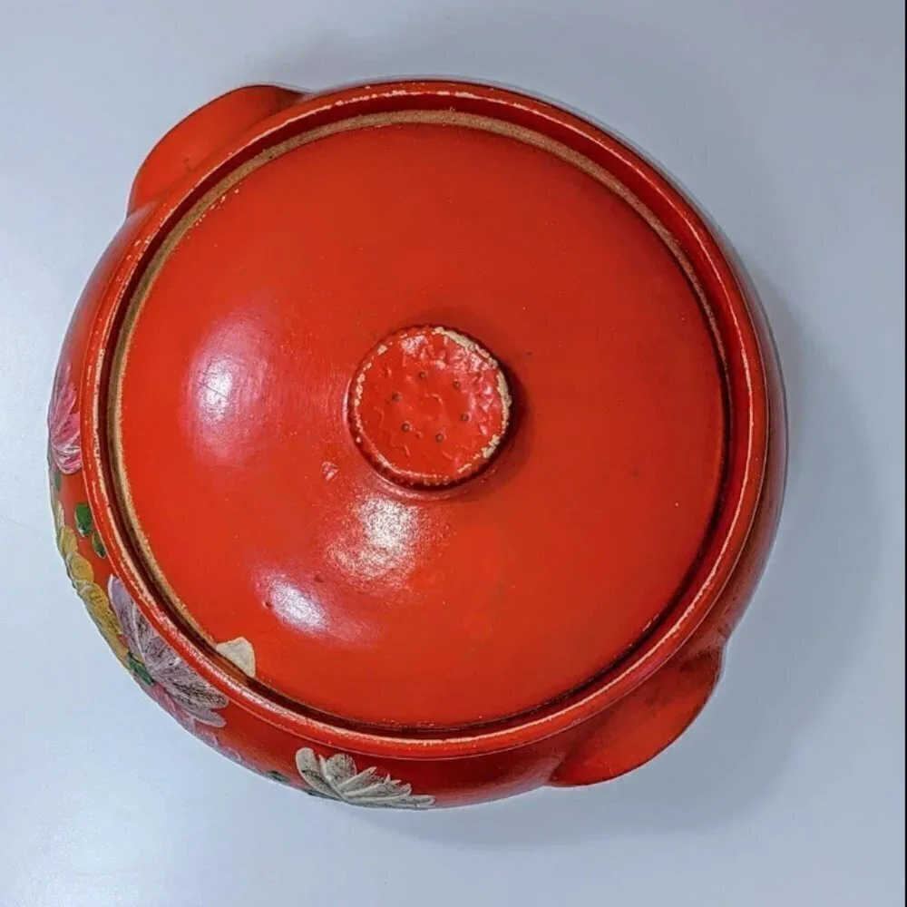Ransburg 1930s Floral Ceramic Vintage Bean Pot with Lid
